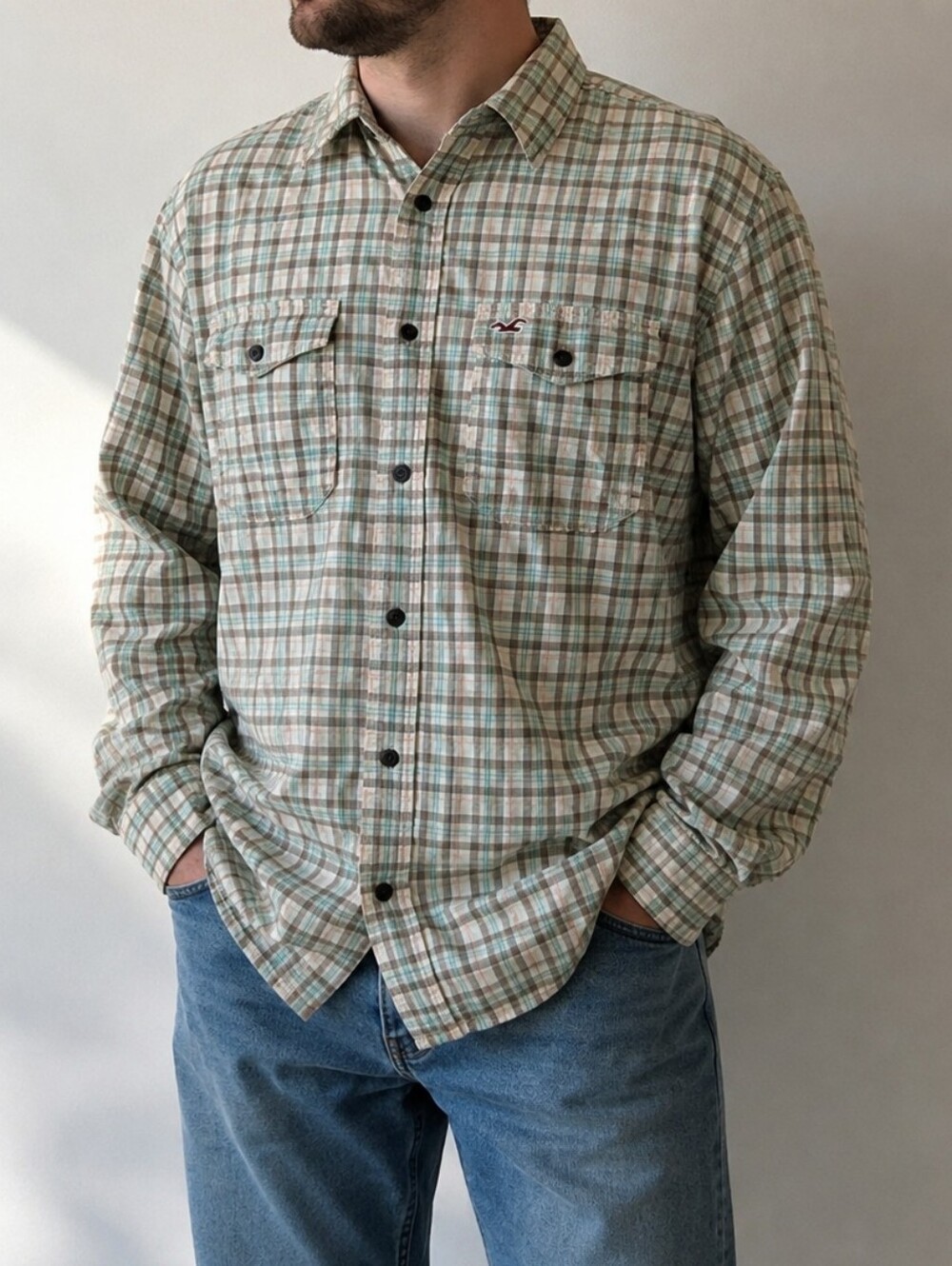 Size XL men's Hollister blue and brown plaid casual dress shirt